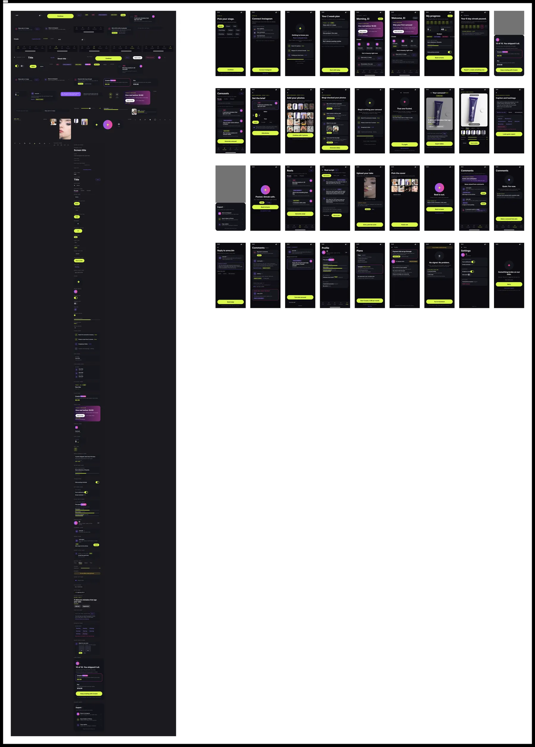 Hi-fidelity screen set — 36 dark editorial iOS screens built on the design system by the plugin chain