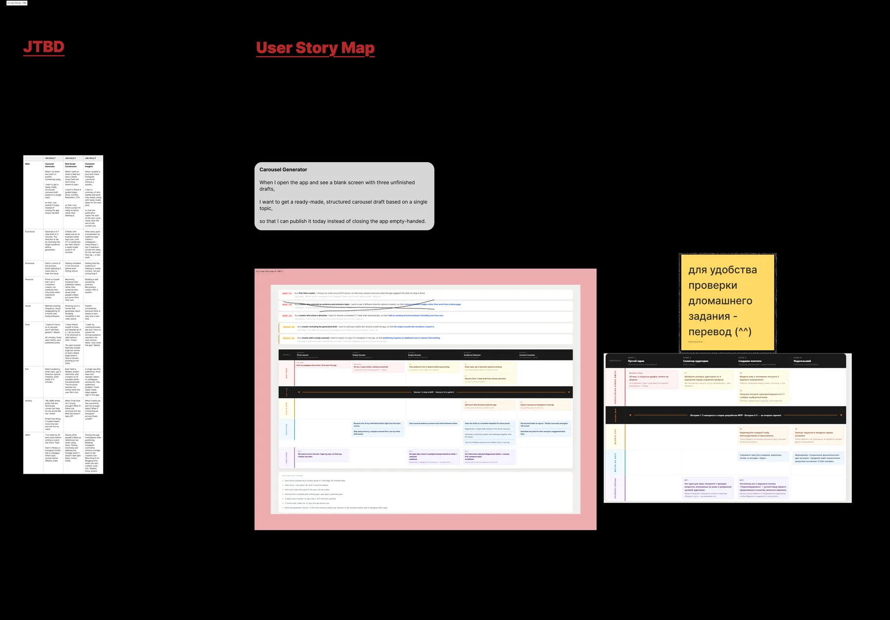 JTBD board — three job stories and the user story map of the core job