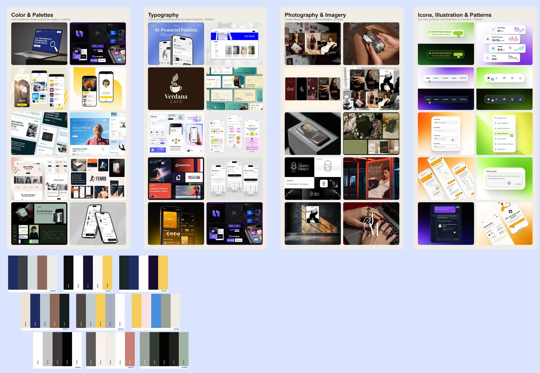 Moodboard — visual research organized by color and palettes, typography, photography and imagery, icons and patterns