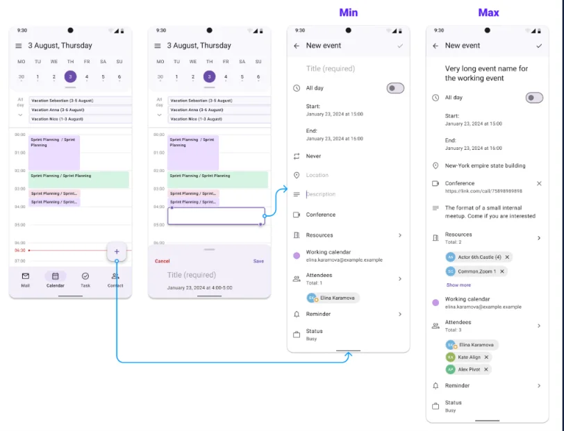 Enterprise mobile calendar app — day view with time grid