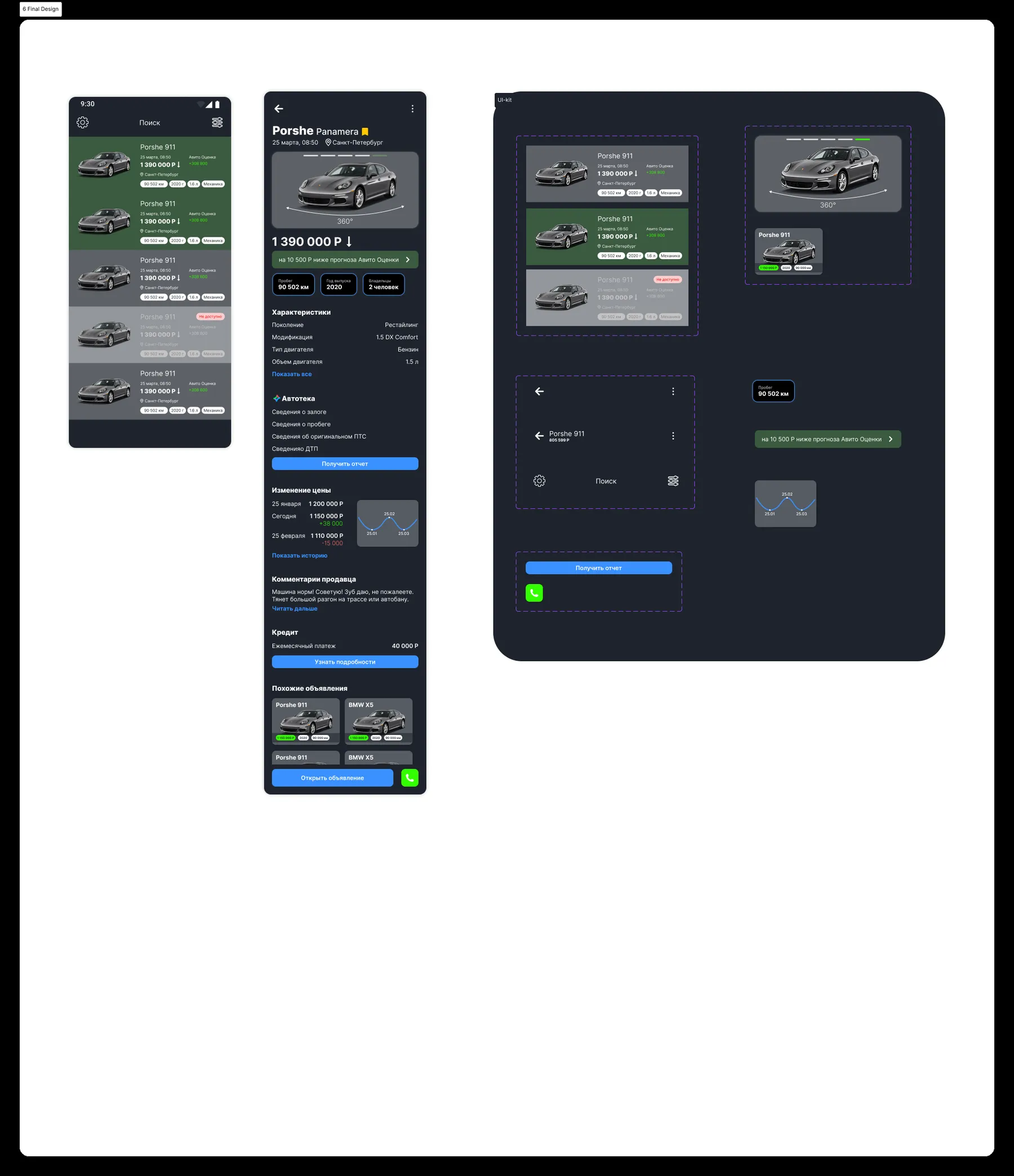 Final design — ~25 screens on the dark photo-first UI kit