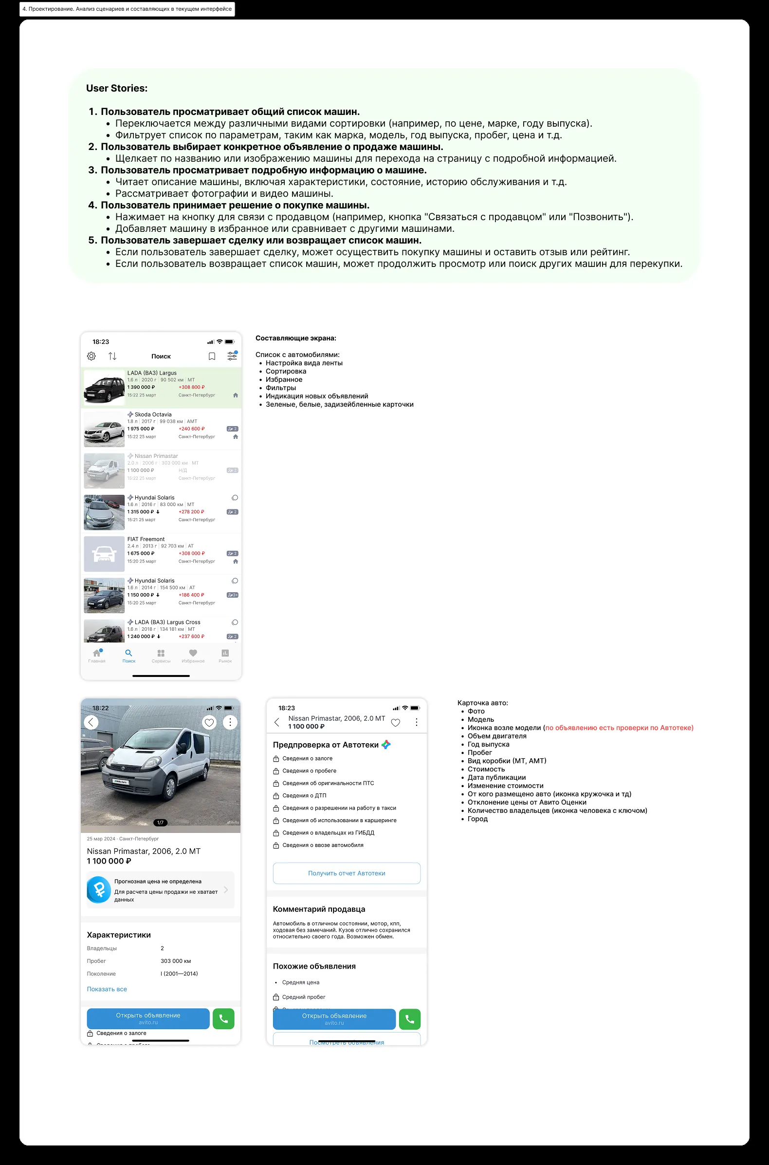 Scenario analysis and component inventory of the current interface with per-element requirements