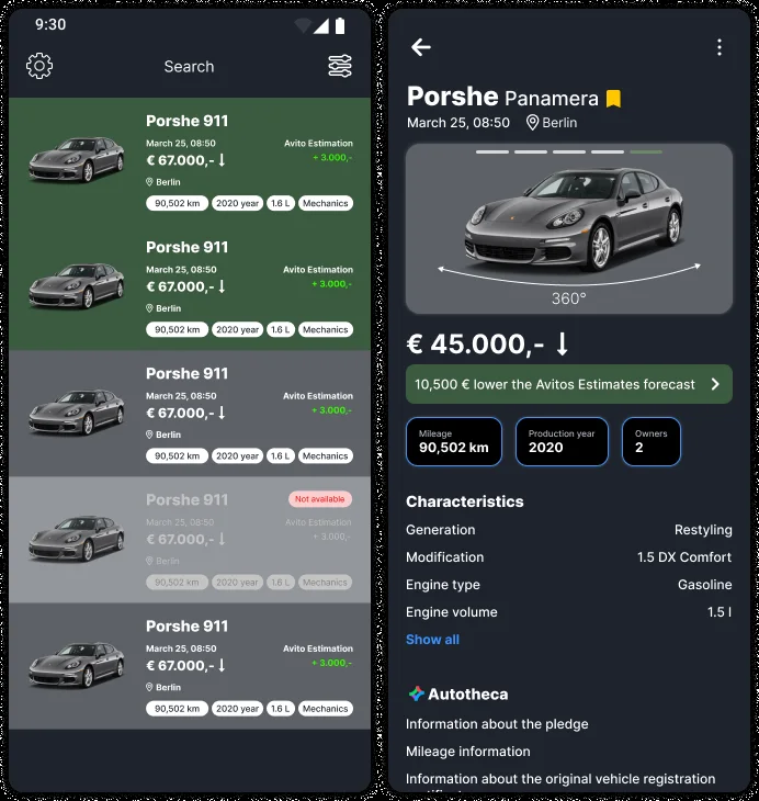 Used-car marketplace redesign — listing and detail screens