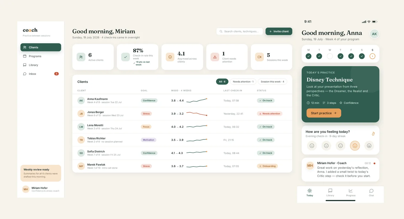 Coach platform — coach web cockpit and client mobile app