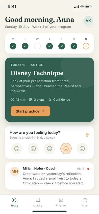 Client home — today's practice