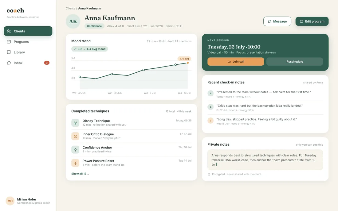 Client detail — Anna Kaufmann, mood trend and practice history