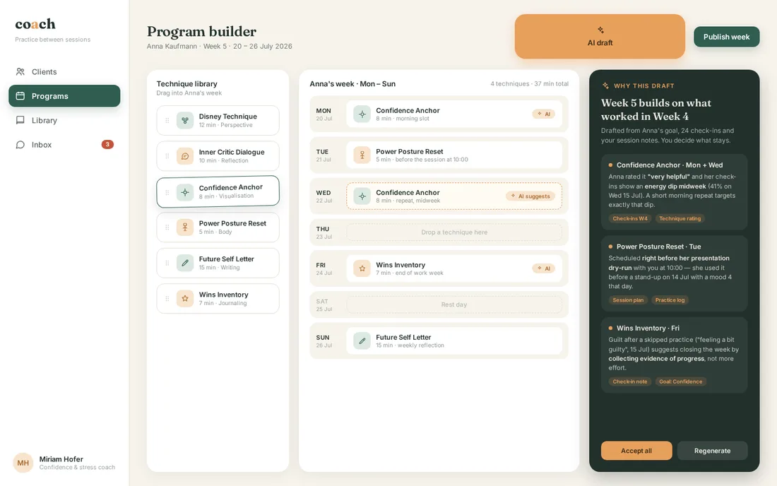 Program builder — weekly plan from technique palette