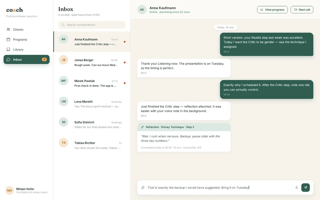 Coach inbox with shared reflections
