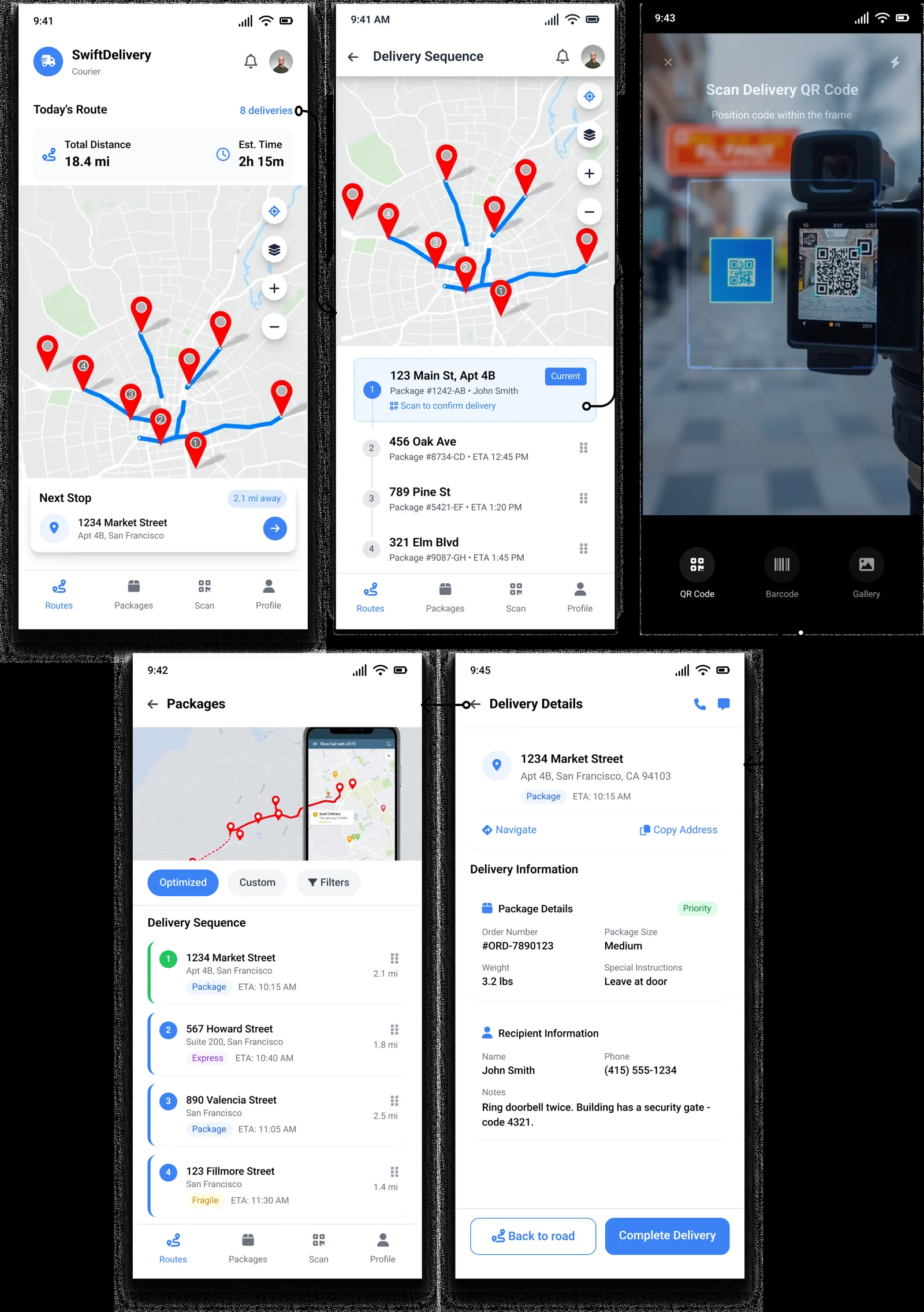 Courier app — multi-stop route on a map with delivery stops and vehicle status