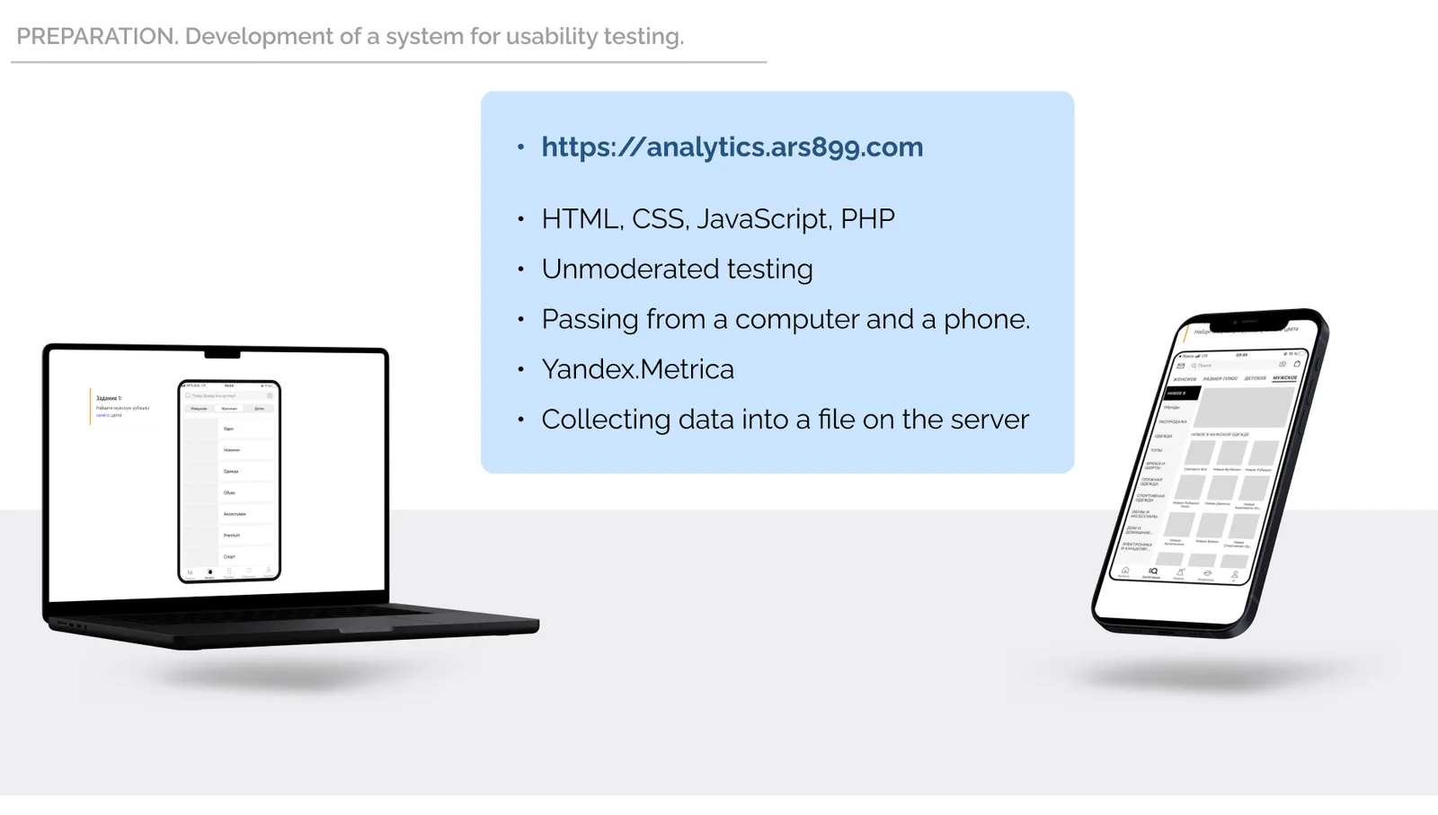 Usability testing system — live prototype site, tech stack and data collection setup