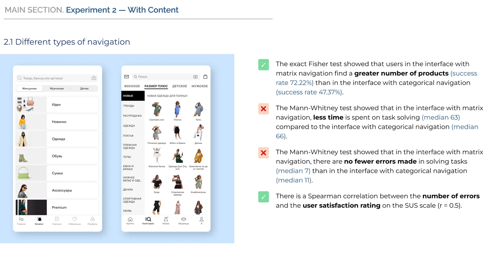 Experiment 2 results — matrix vs categorical navigation with visual content, confirmed and rejected hypotheses