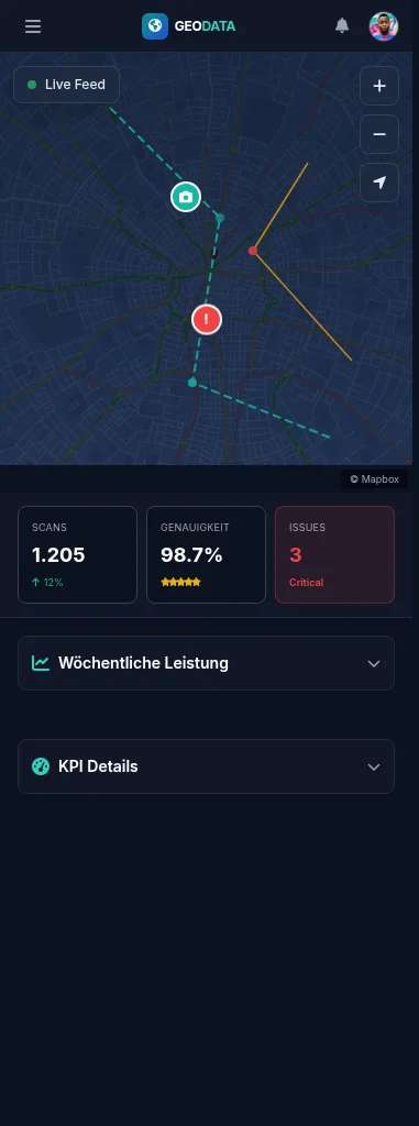 Geo data dashboard — mobile layout with fullscreen map and KPI strip
