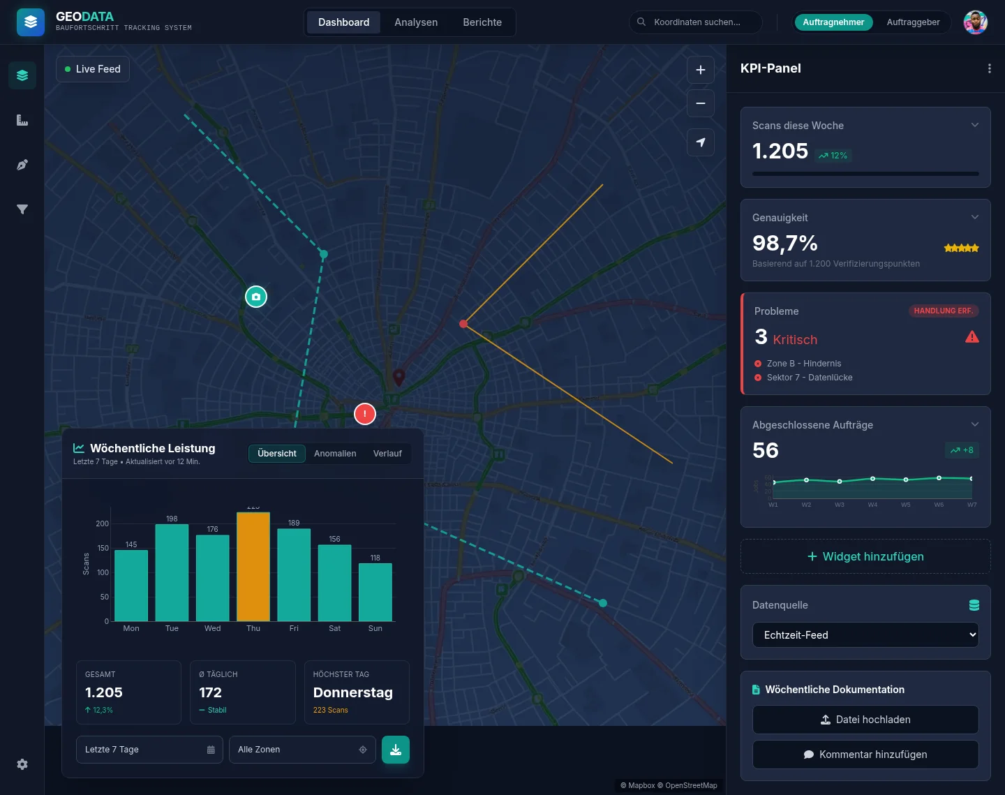 Geo data dashboard — map-first desktop layout with KPI widgets