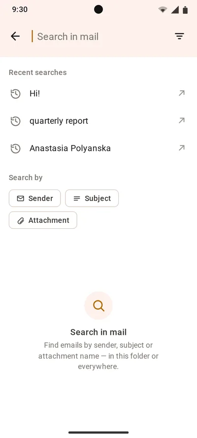 Mail search entry screen — recent queries and search hint