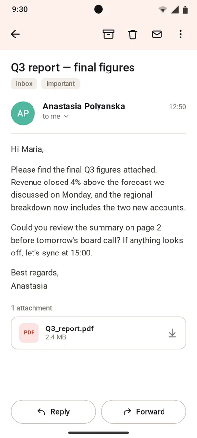 Email view with sender header, body and PDF attachment chip