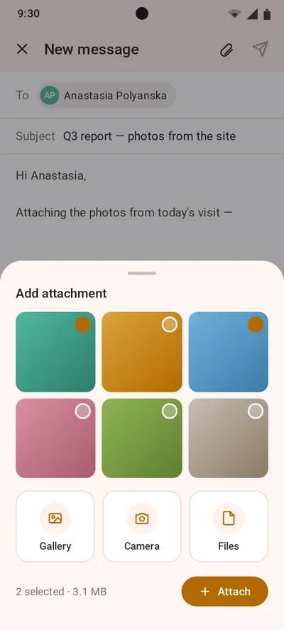 Add attachment bottom sheet with gallery grid, camera and files