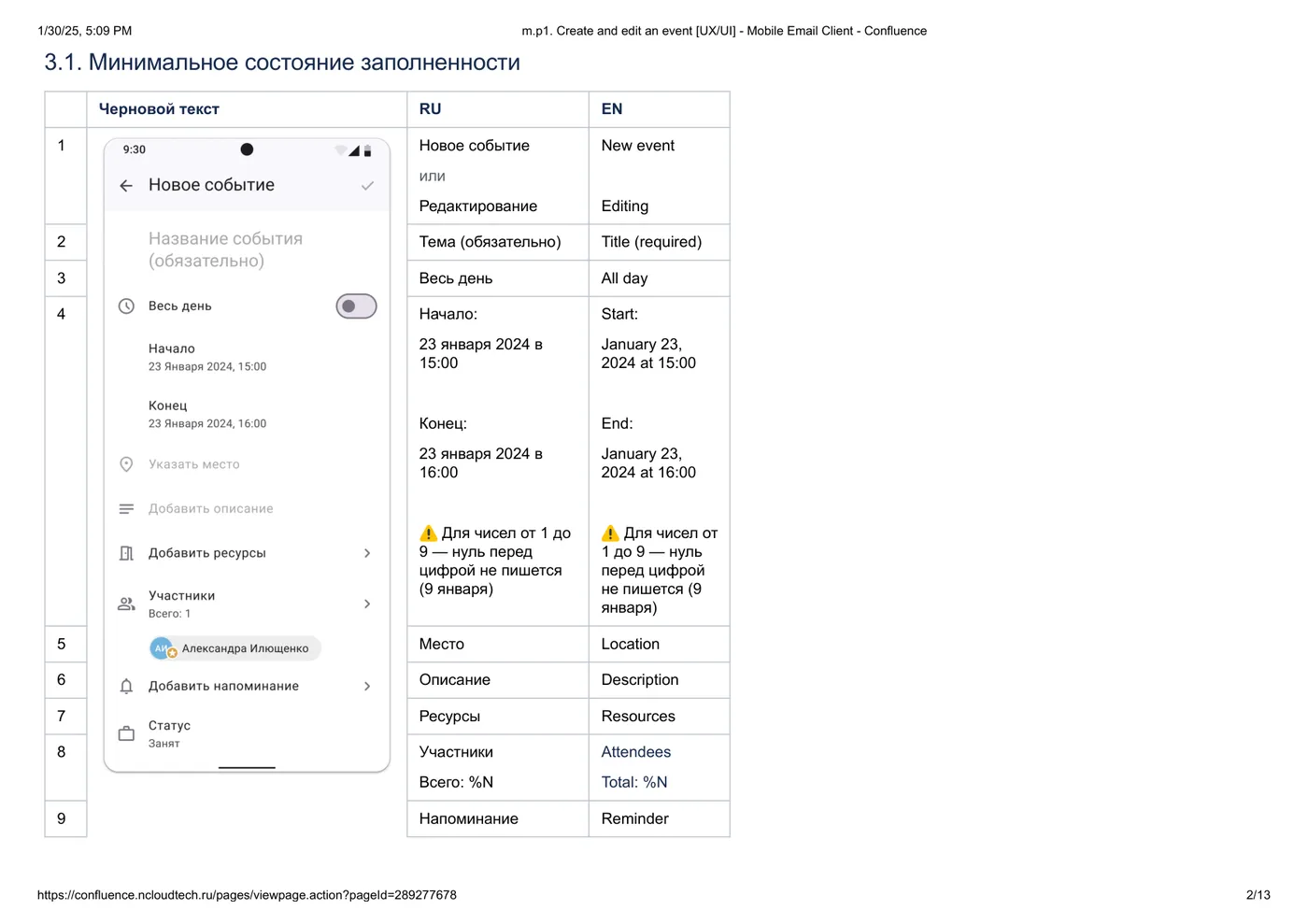 Create and edit event spec — minimum fill state of the event form with full field-copy table