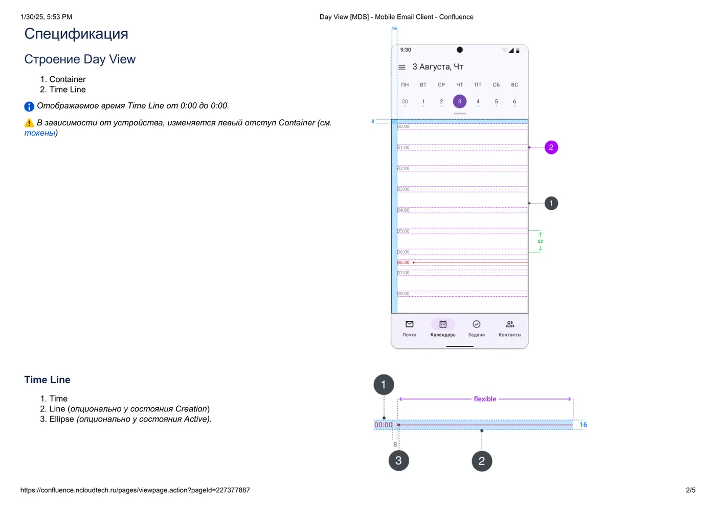 Design system Day View component — annotated day view screen with token table