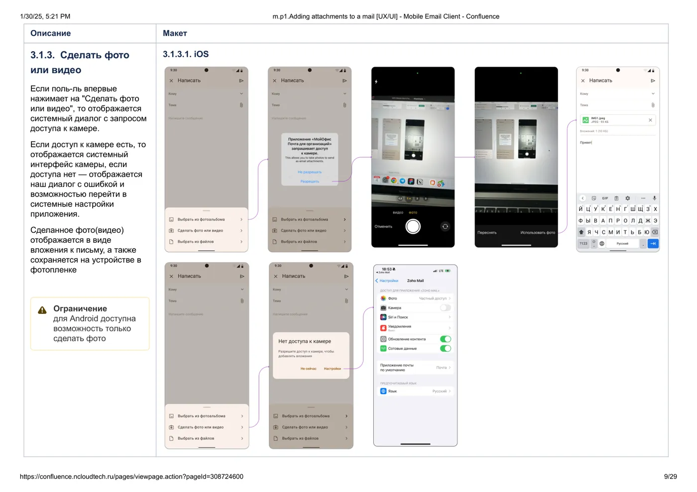 Adding attachments spec — camera capture flow screens