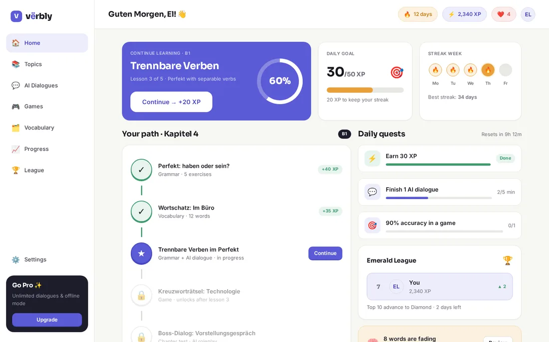 Verbly learner dashboard